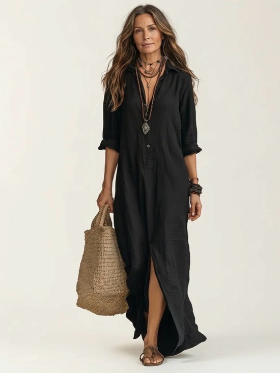 Valora New York Dresses & Skirts - Valera Classic Linen Black Long Shirt Dress - Women's size large NWOT